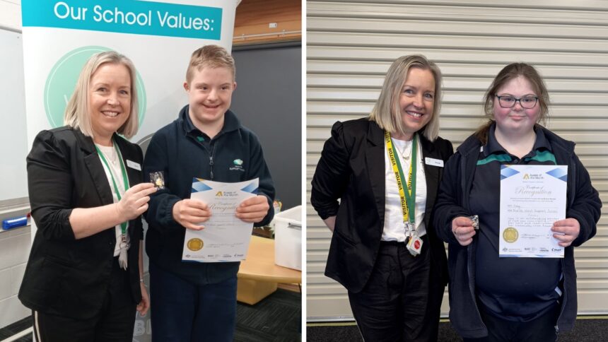 two photos of Keren Franks with Aussie of the Month recipient